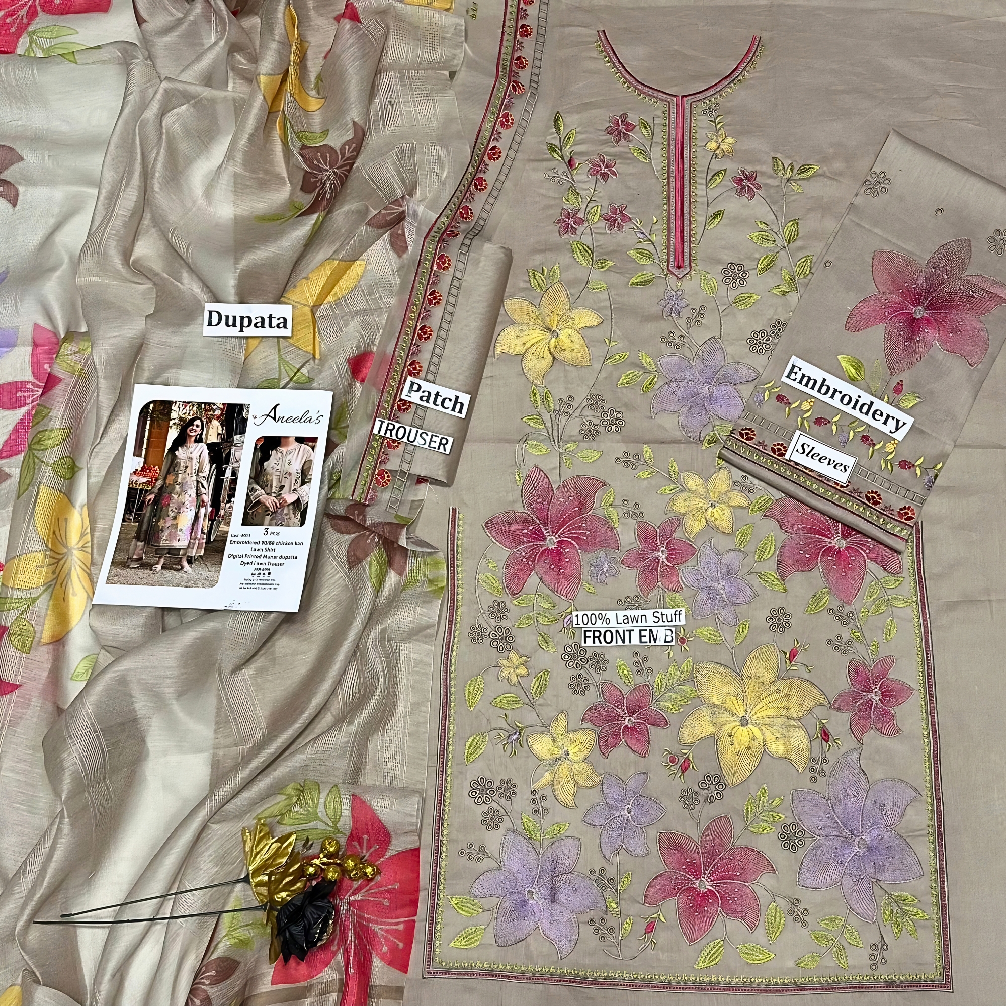 Aneelas Inspired Chickenkari Embroidered Lawn 3PC Suit