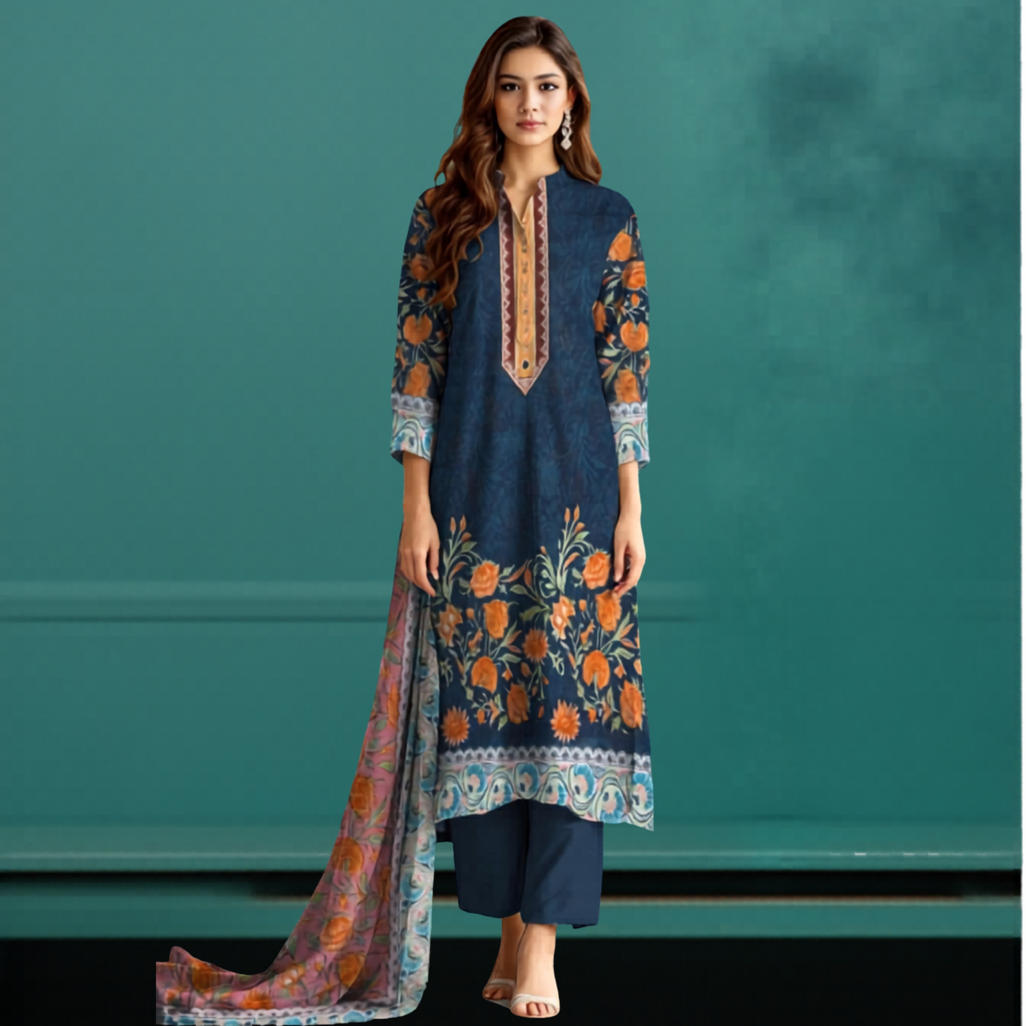 Nisha Lawn 3 Piece Digital Print Metallic Copper