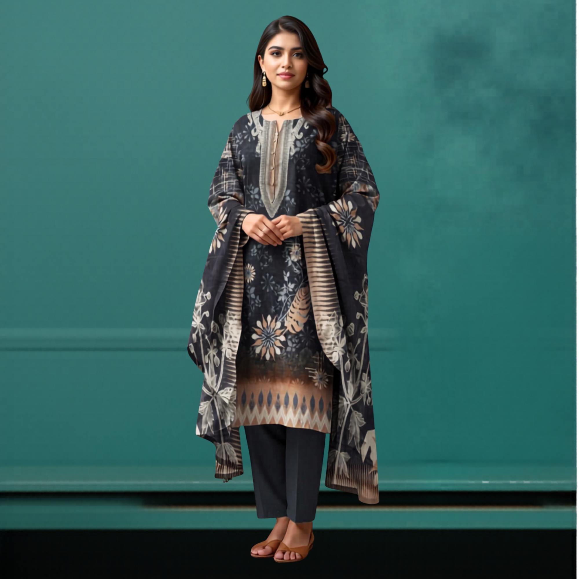 Nisha Lawn 3 Piece Digital Print Metallic Copper