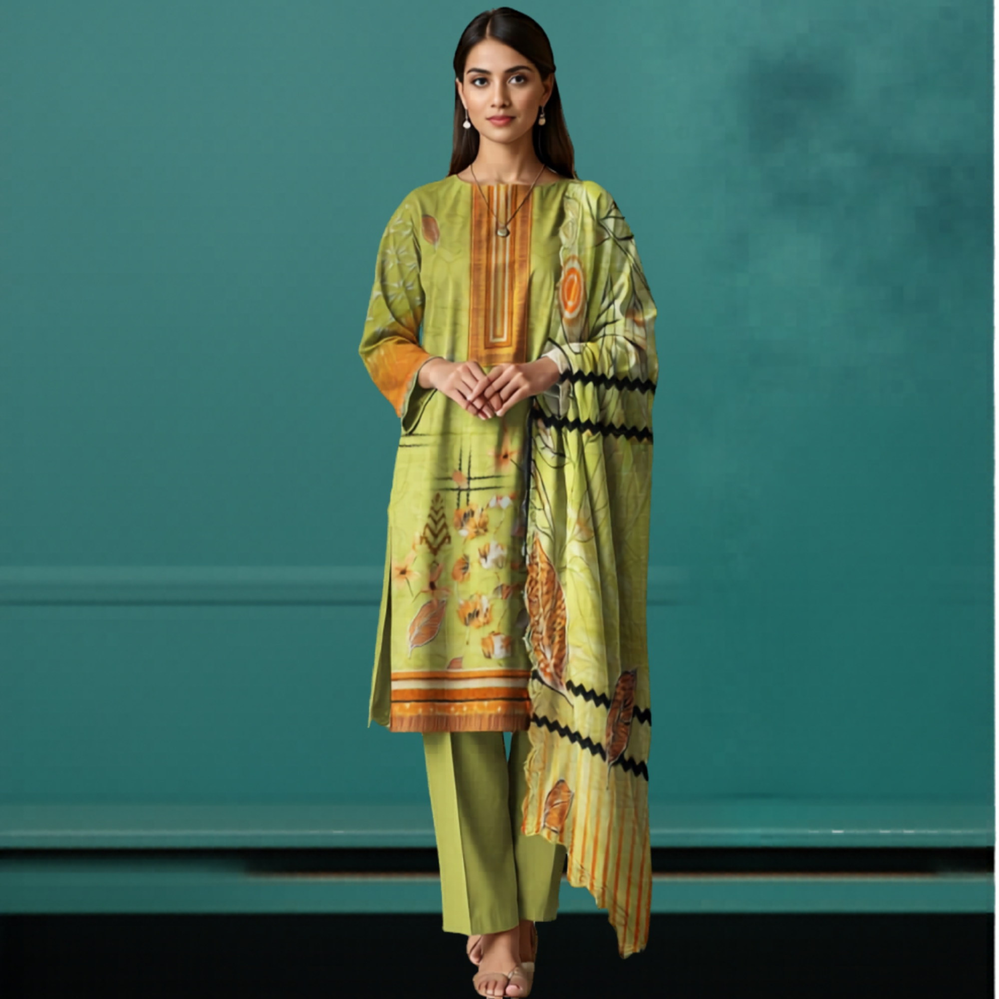 Nisha Lawn 3 Piece Digital Print Metallic Copper