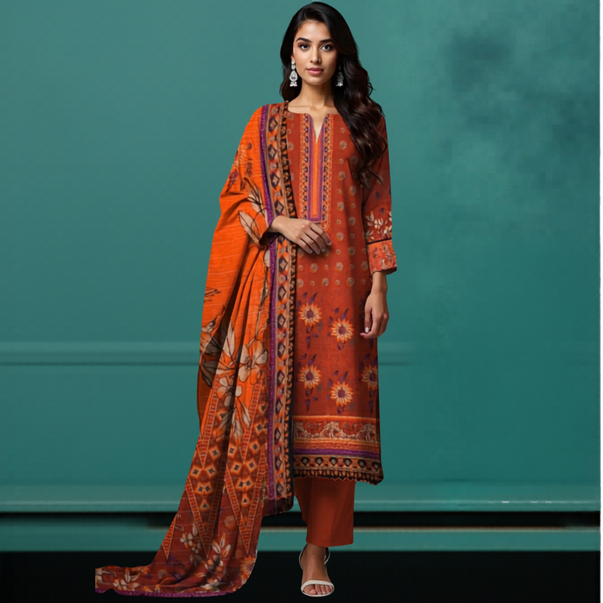Nisha Lawn 3 Piece Digital Print Metallic Copper