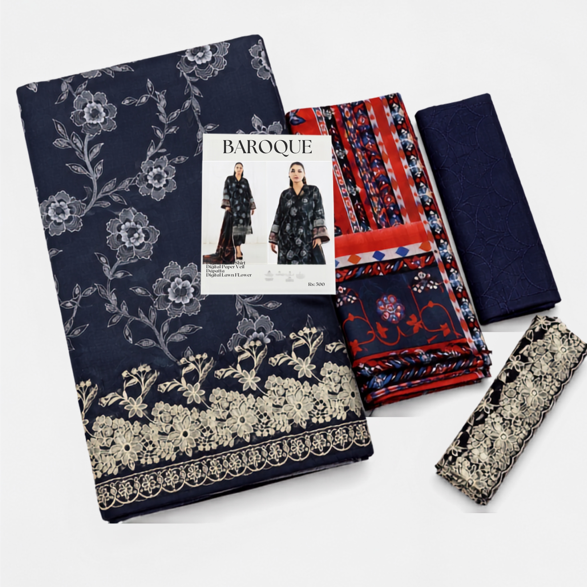 Baroque Inspired Patch Lawn 3PC Suit