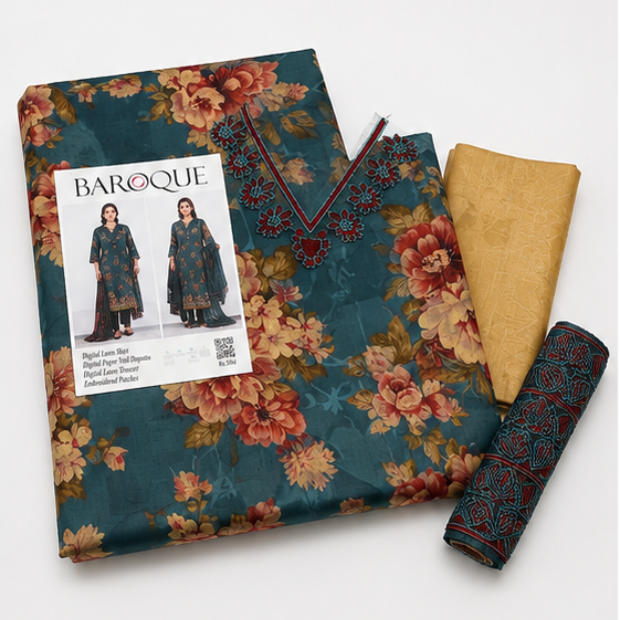 Baroque Inspired Patch Lawn 3PC Suit
