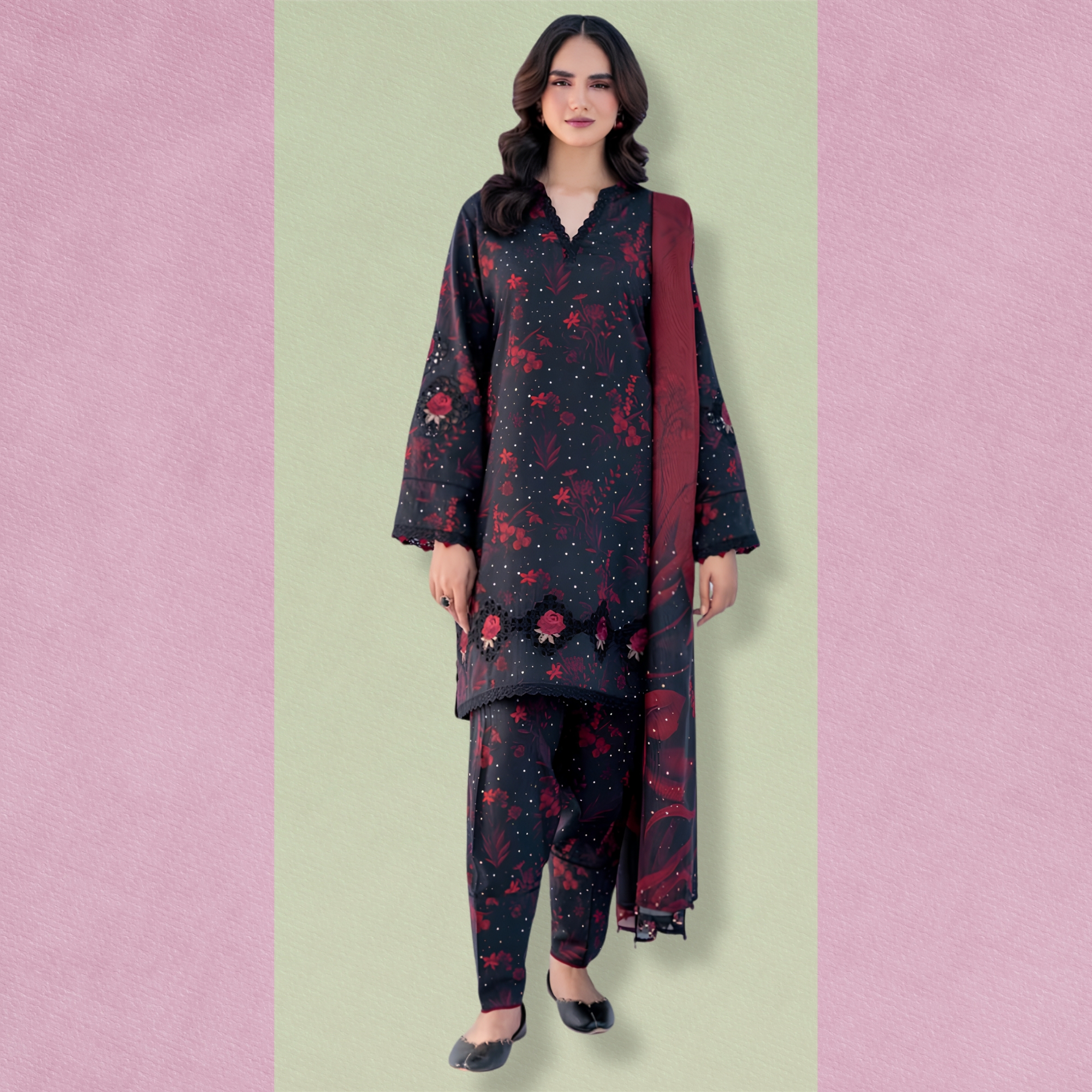Baroque Inspired Patch Lawn 3PC Suit