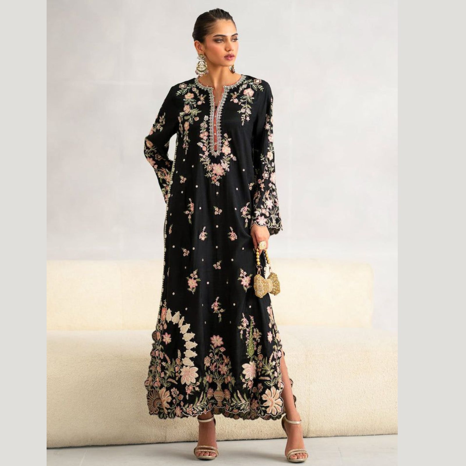 Ethnic Inspired Kaftan – Heavy Embroidered Shamoz Silk 3PC
